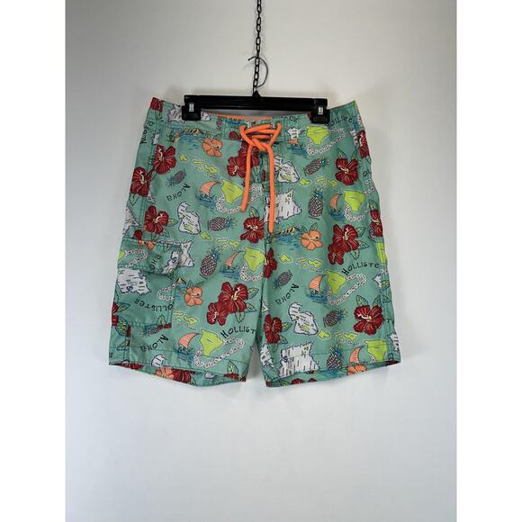 Hollister Board Shorts Mens Large Hawaiian Map Floral Swim Trunks Beach Summer - Picture 1 of 6